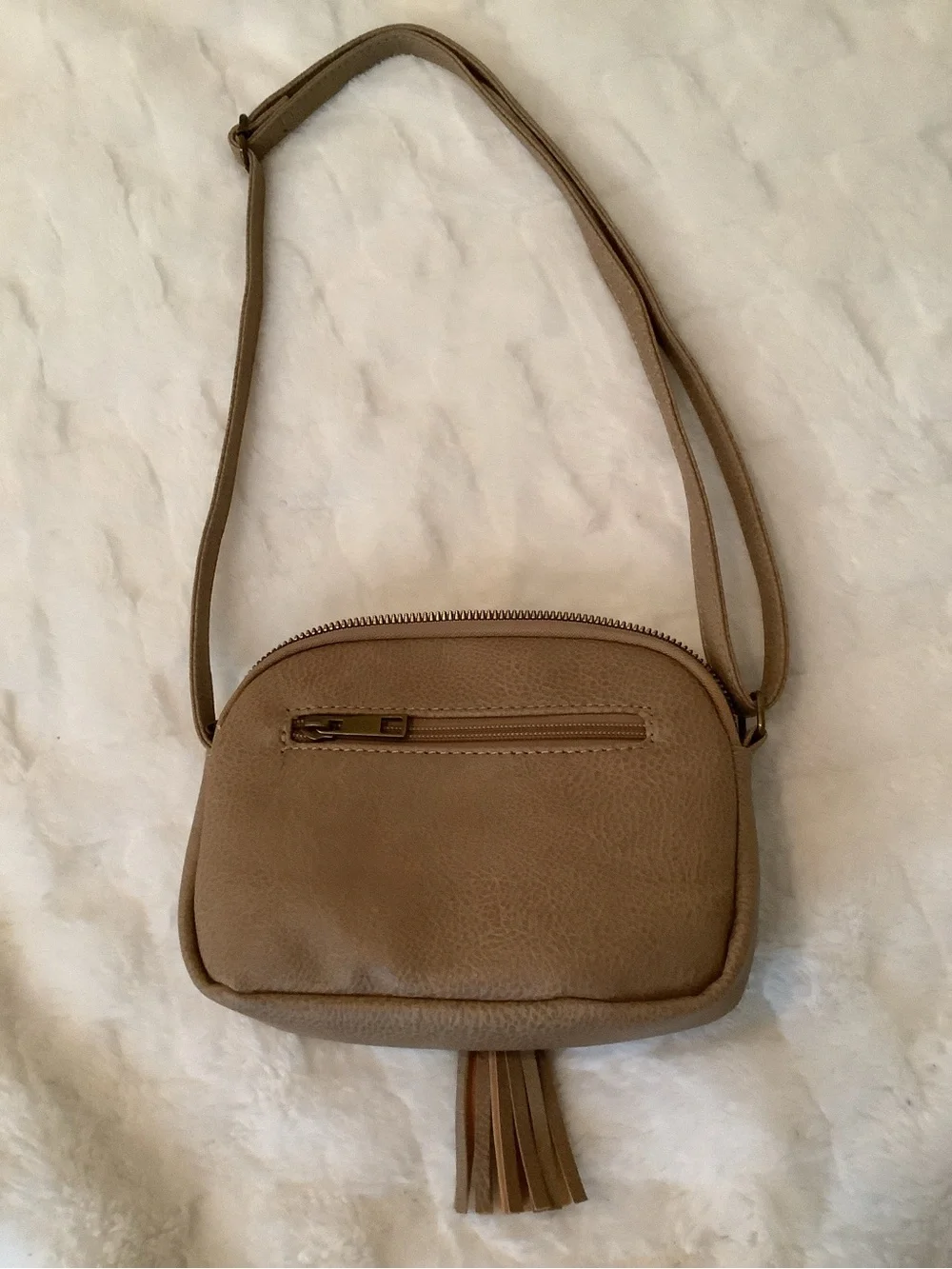 Laser-Cut Tan Crossbody with Tassel Accent